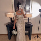 Luxury Beige Crystal Beaded Mermaid Evening Dress Tassel Sleeve CLA73694