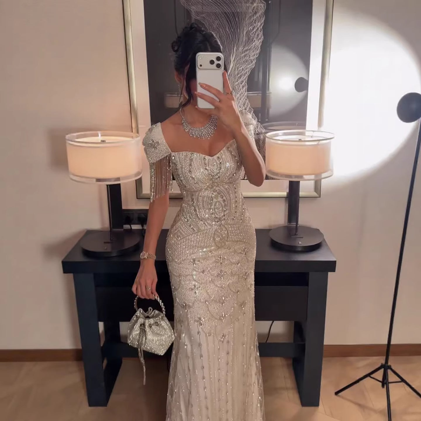 Luxury Beige Crystal Beaded Mermaid Evening Dress Tassel Sleeve CLA73694