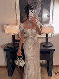 Luxury Beige Crystal Beaded Mermaid Evening Dress Tassel Sleeve CLA73694