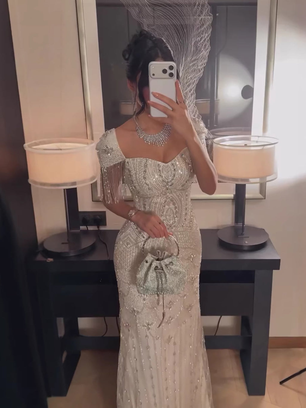 Luxury Beige Crystal Beaded Mermaid Evening Dress Tassel Sleeve CLA73694