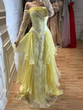 Arabic Yellow Simple Ruffle Off Shoulder Mermaid Evening Dress Elegant For Women Wedding Occasion CLA73695