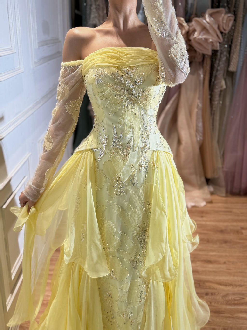 Arabic Yellow Simple Ruffle Off Shoulder Mermaid Evening Dress Elegant For Women Wedding Occasion CLA73695