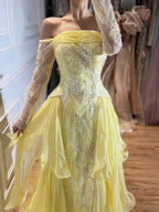 Arabic Yellow Simple Ruffle Off Shoulder Mermaid Evening Dress Elegant For Women Wedding Occasion CLA73695
