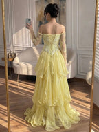 Arabic Yellow Simple Ruffle Off Shoulder Mermaid Evening Dress Elegant For Women Wedding Occasion CLA73695
