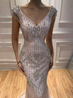 Luxury Pink Crystal Beaded Mermaid Deep V Evening Dress CLA73696