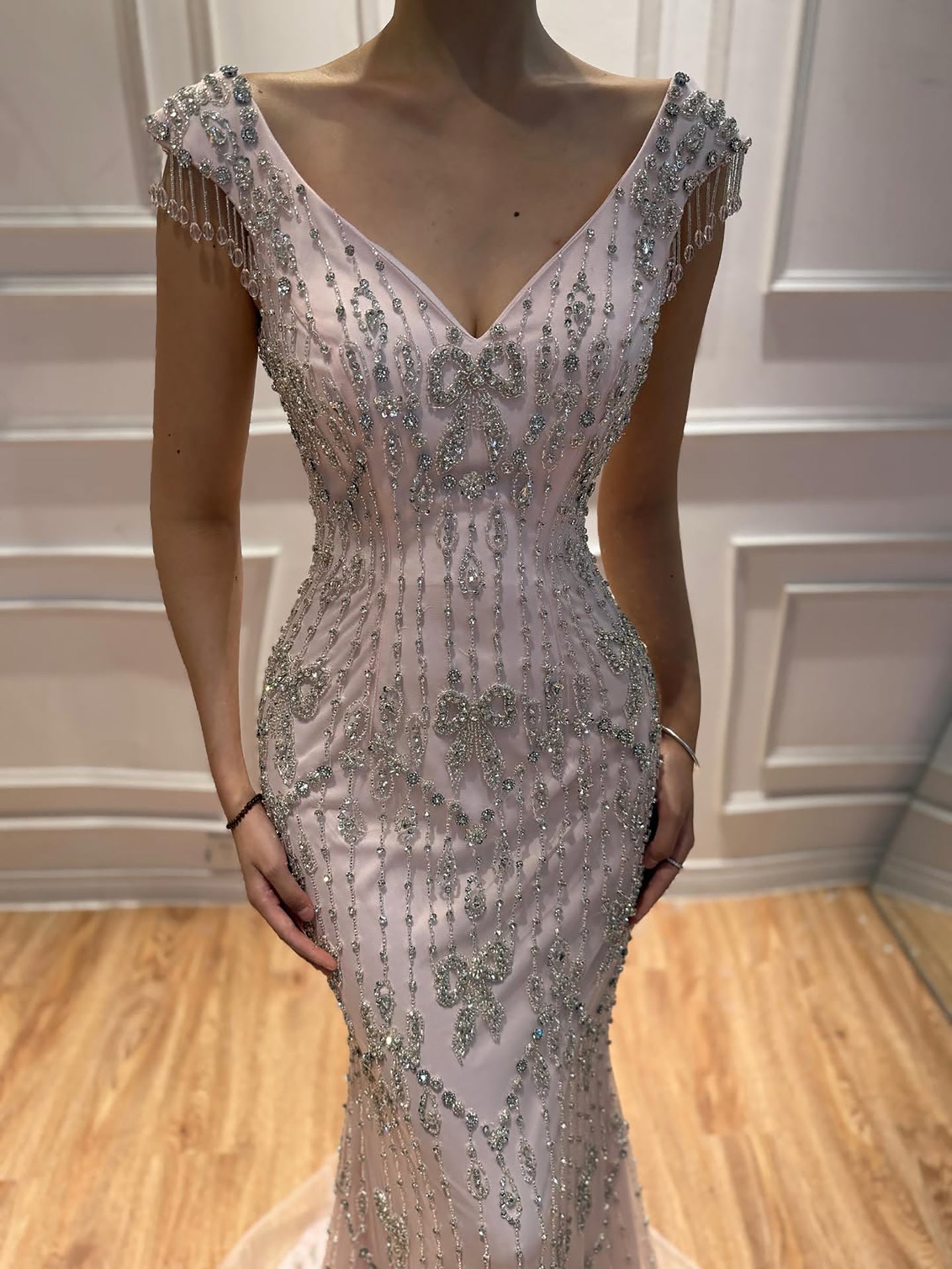 Luxury Pink Crystal Beaded Mermaid Deep V Evening Dress CLA73696