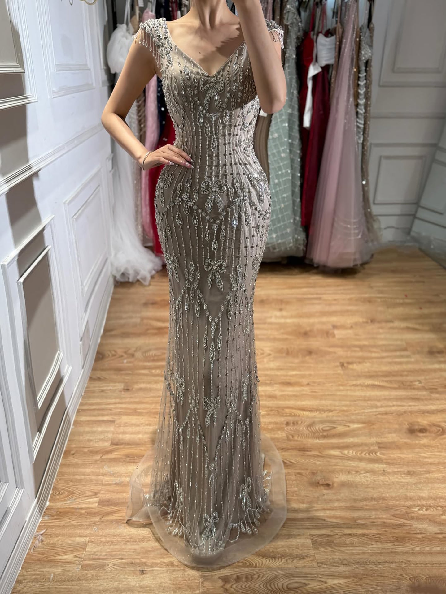 Luxury Pink Crystal Beaded Mermaid Deep V Evening Dress CLA73696