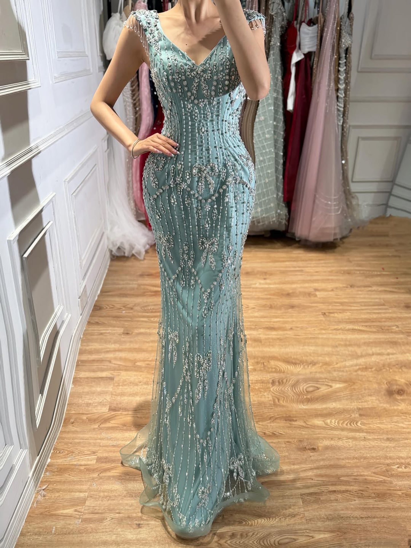 Luxury Pink Crystal Beaded Mermaid Deep V Evening Dress CLA73696