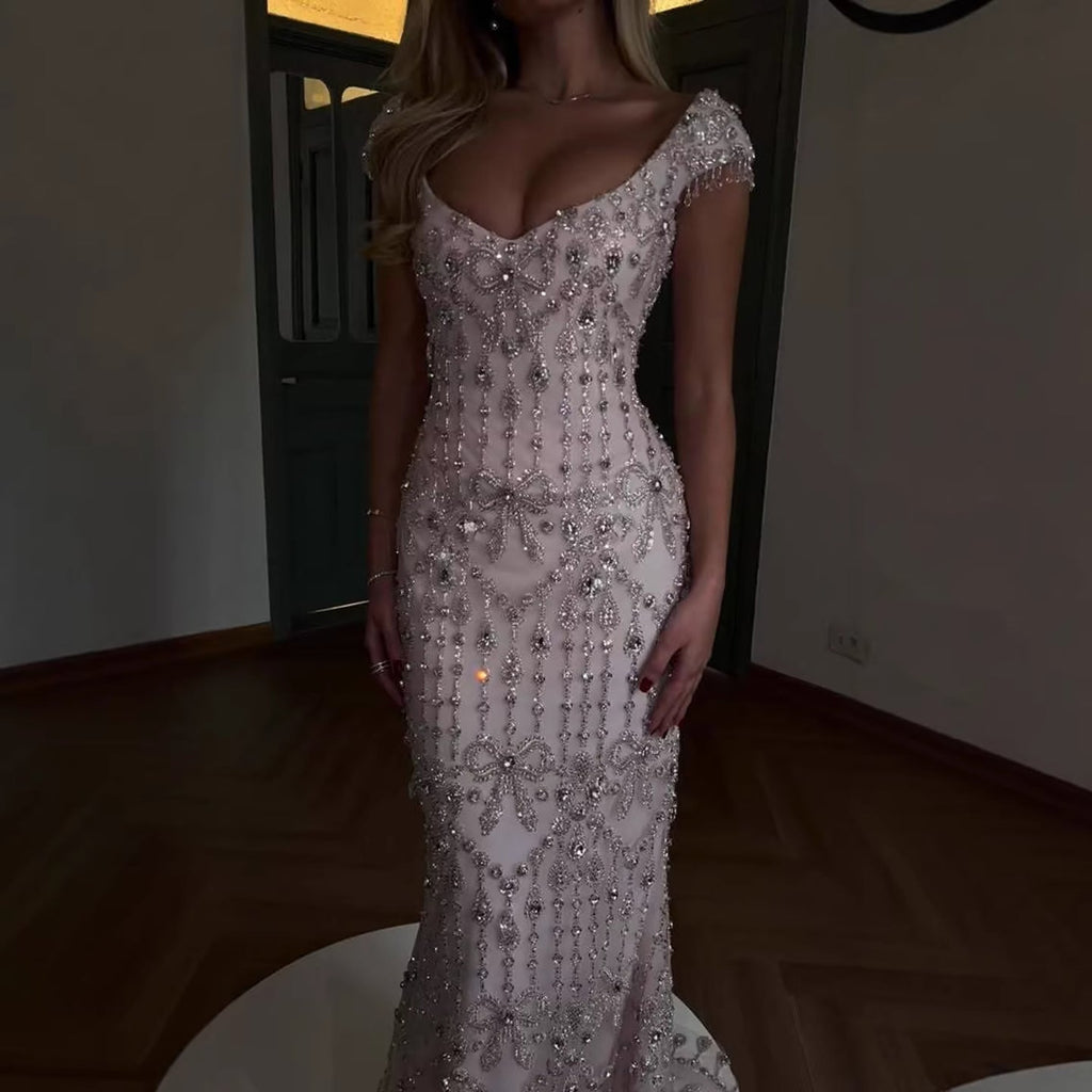 Luxury Pink Crystal Beaded Mermaid Deep V Evening Dress CLA73696