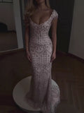 Luxury Pink Crystal Beaded Mermaid Deep V Evening Dress CLA73696