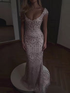 Luxury Pink Crystal Beaded Mermaid Deep V Evening Dress CLA73696