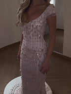 Luxury Pink Crystal Beaded Mermaid Deep V Evening Dress CLA73696