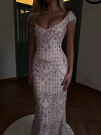 Luxury Pink Crystal Beaded Mermaid Deep V Evening Dress CLA73696