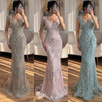 Luxury Pink Crystal Beaded Mermaid Deep V Evening Dress CLA73696