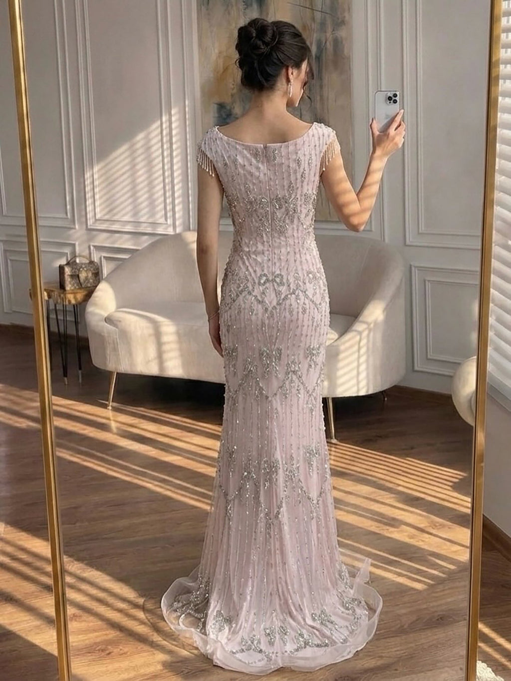Luxury Pink Crystal Beaded Mermaid Deep V Evening Dress CLA73696