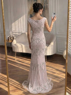 Luxury Pink Crystal Beaded Mermaid Deep V Evening Dress CLA73696