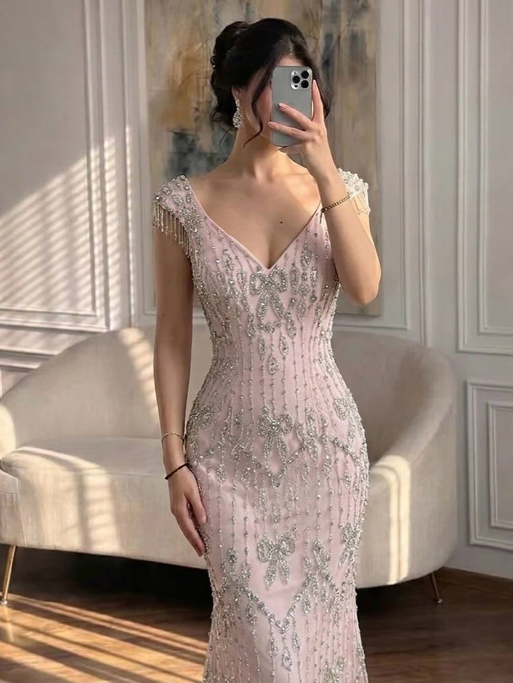 Luxury Pink Crystal Beaded Mermaid Deep V Evening Dress CLA73696