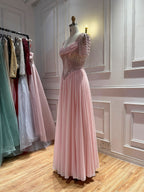 Luxury Nude A‑Line Beaded Tulle Evening Dress CLA73697