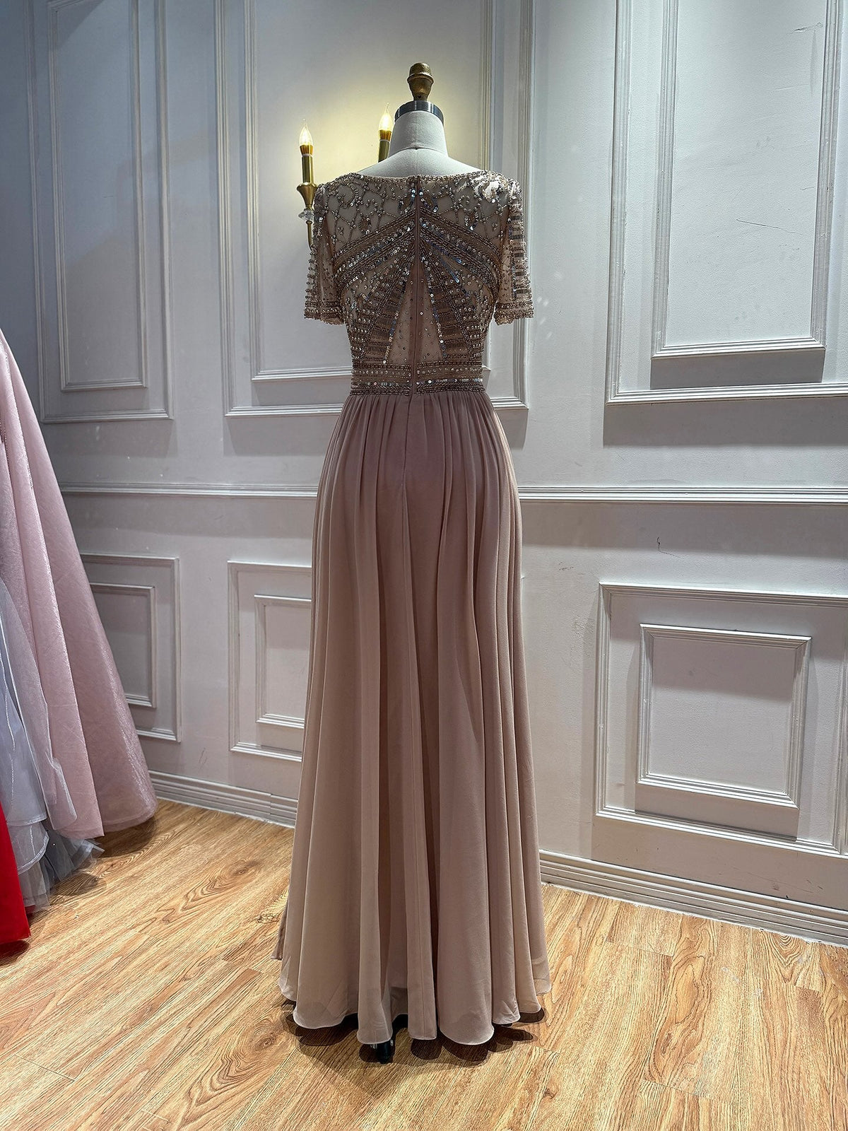 Luxury Nude A‑Line Beaded Tulle Evening Dress CLA73697
