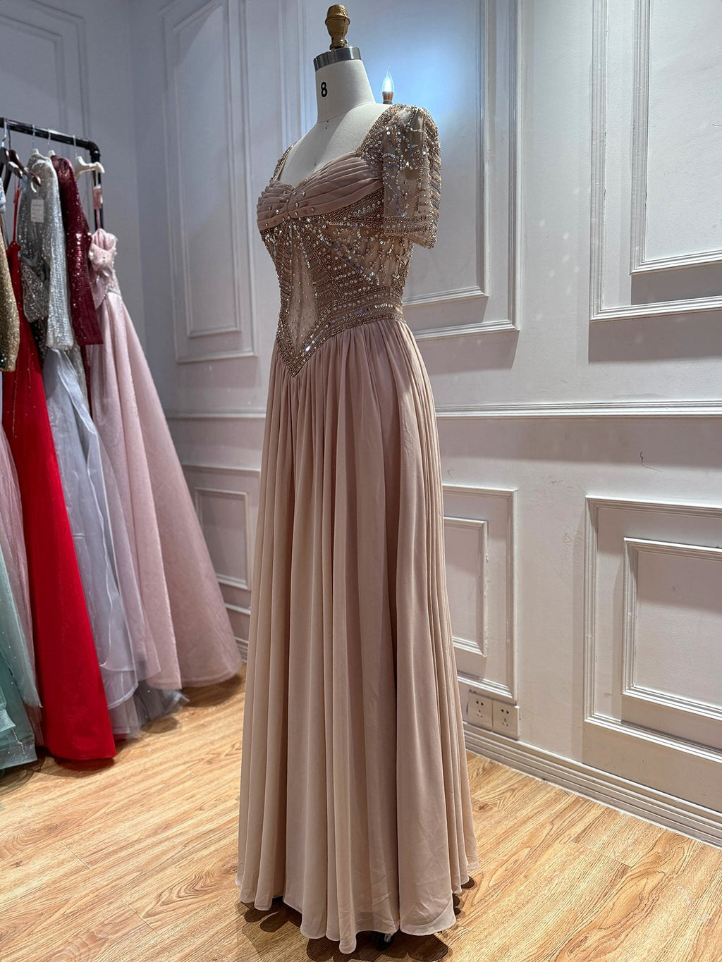Luxury Nude A‑Line Beaded Tulle Evening Dress CLA73697