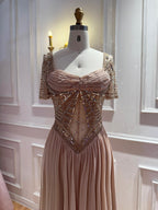 Luxury Nude A‑Line Beaded Tulle Evening Dress CLA73697
