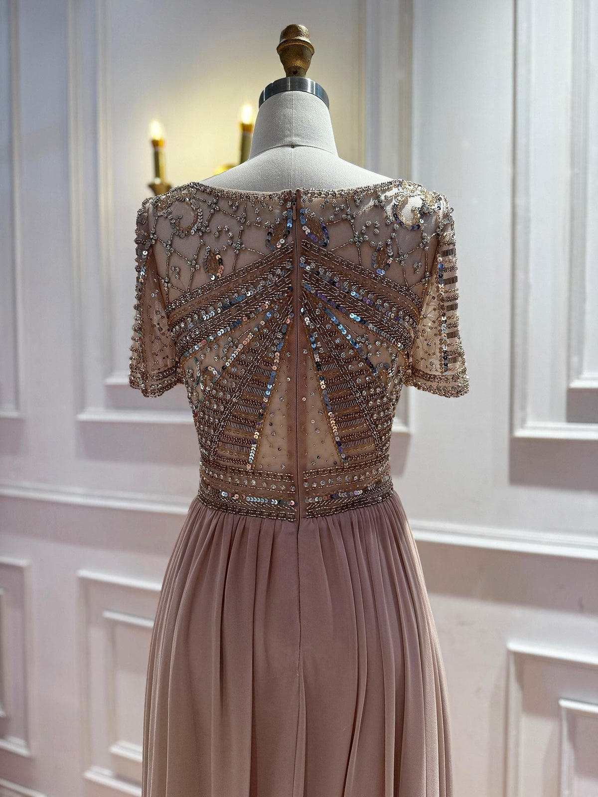 Luxury Nude A‑Line Beaded Tulle Evening Dress CLA73697
