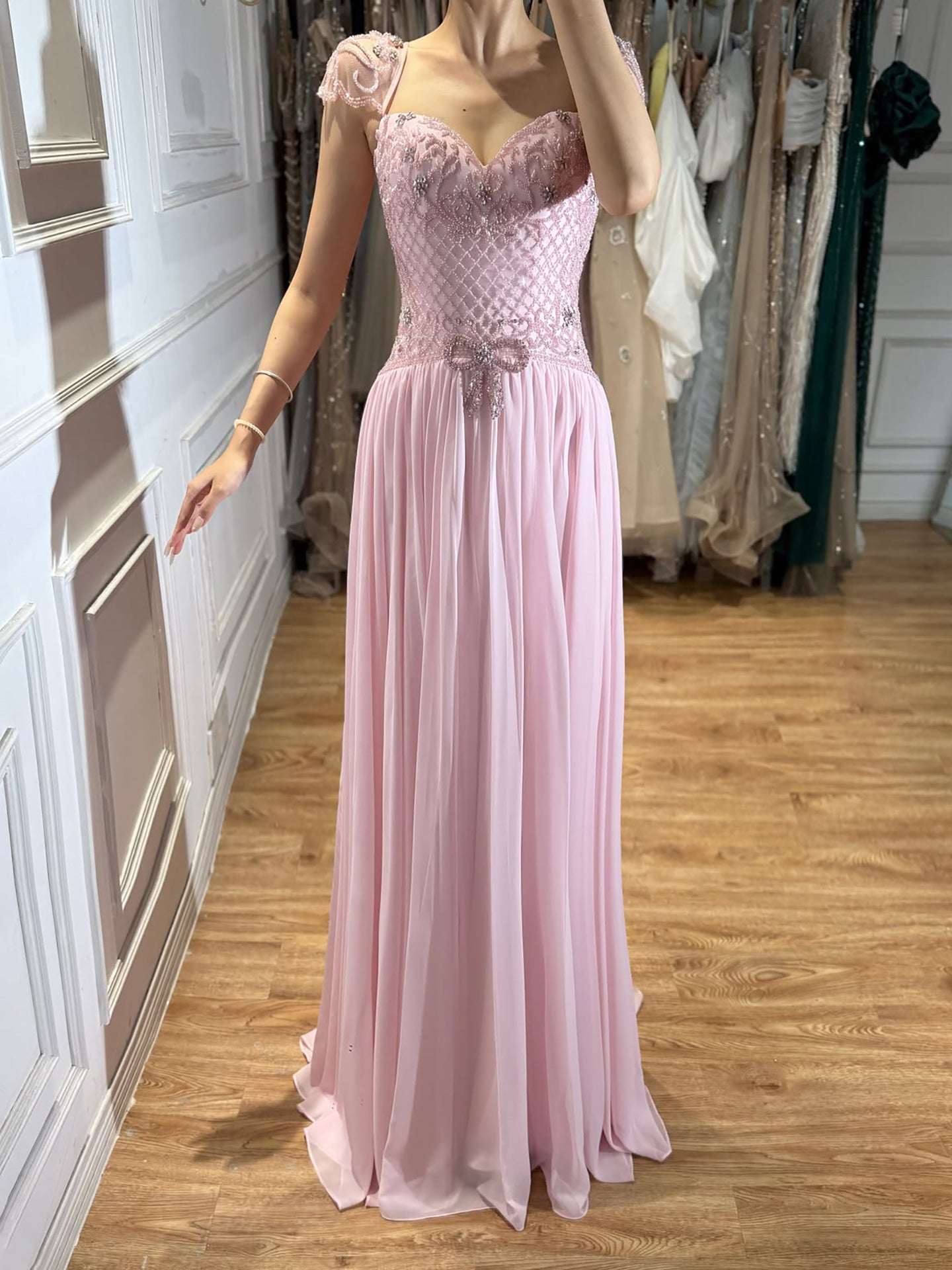 Elegant Caramel Beaded Chiffon A Line Sweetheart Evening Dress CLA73698