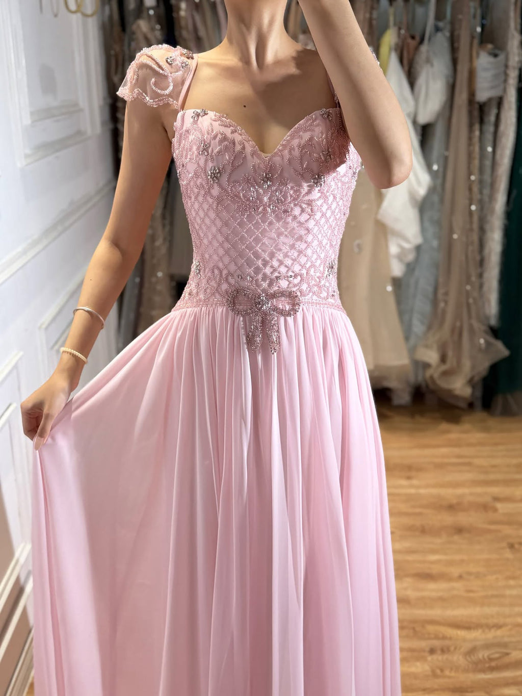 Elegant Caramel Beaded Chiffon A Line Sweetheart Evening Dress CLA73698