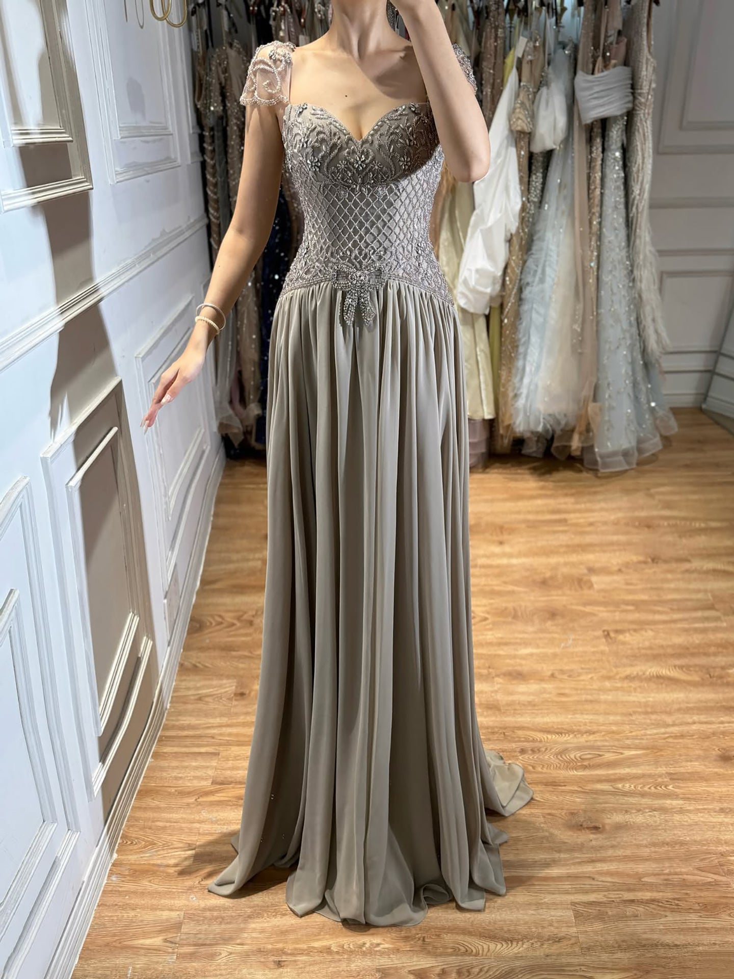 Elegant Caramel Beaded Chiffon A Line Sweetheart Evening Dress CLA73698