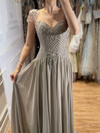 Elegant Caramel Beaded Chiffon A Line Sweetheart Evening Dress CLA73698