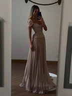 Elegant Caramel Beaded Chiffon A Line Sweetheart Evening Dress CLA73698