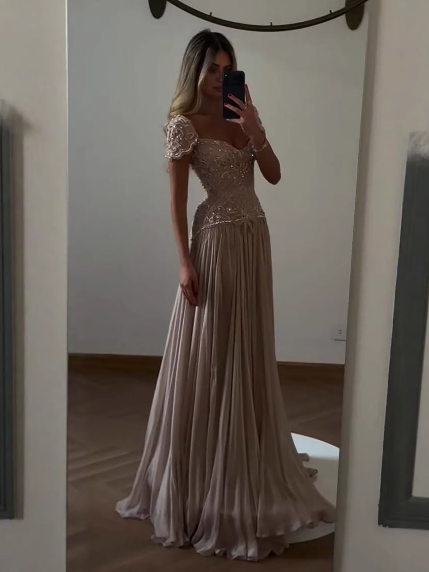 Elegant Caramel Beaded Chiffon A Line Sweetheart Evening Dress CLA73698