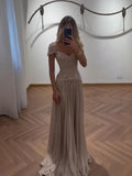 Elegant Caramel Beaded Chiffon A Line Sweetheart Evening Dress CLA73698