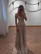 Elegant Caramel Beaded Chiffon A Line Sweetheart Evening Dress CLA73698