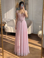 Elegant Caramel Beaded Chiffon A Line Sweetheart Evening Dress CLA73698