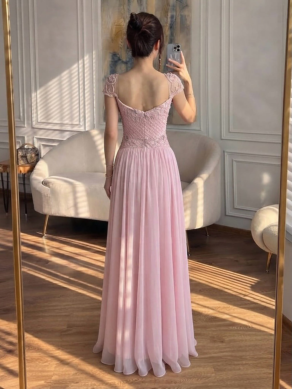 Elegant Caramel Beaded Chiffon A Line Sweetheart Evening Dress CLA73698
