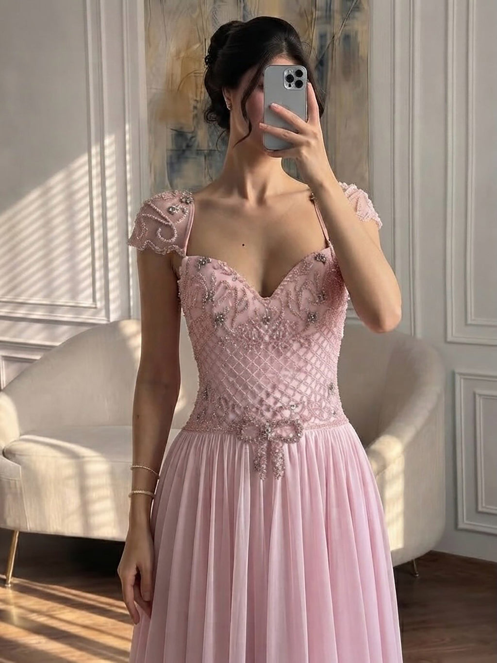 Elegant Caramel Beaded Chiffon A Line Sweetheart Evening Dress CLA73698