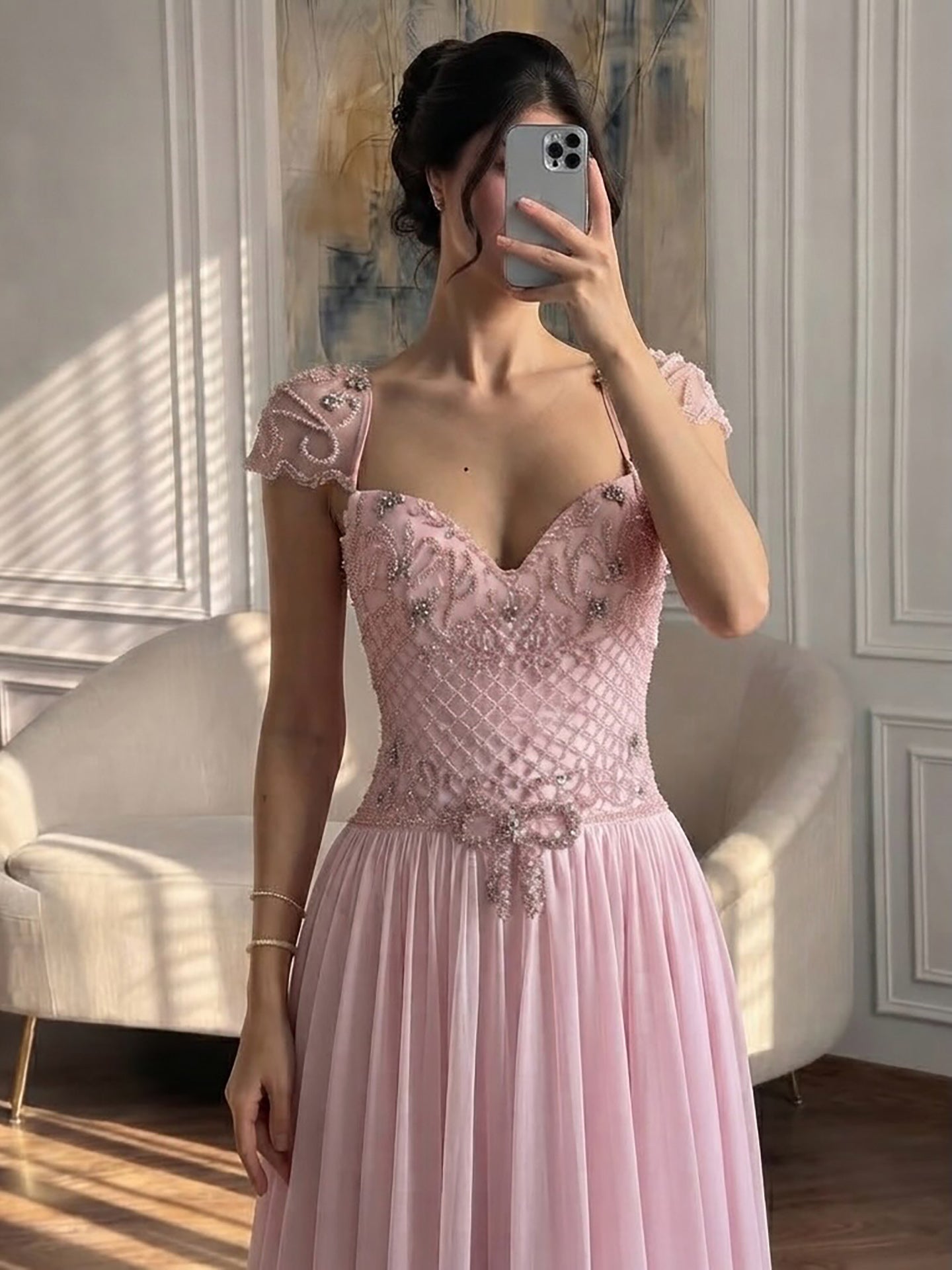 Elegant Caramel Beaded Chiffon A Line Sweetheart Evening Dress CLA73698