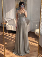Elegant Caramel Beaded Chiffon A Line Sweetheart Evening Dress CLA73698