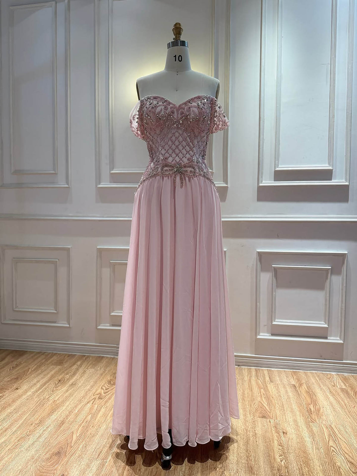 Luxury Pink Beaded Chiffon Off Shoulder A-Line Evening Dress LA73698A