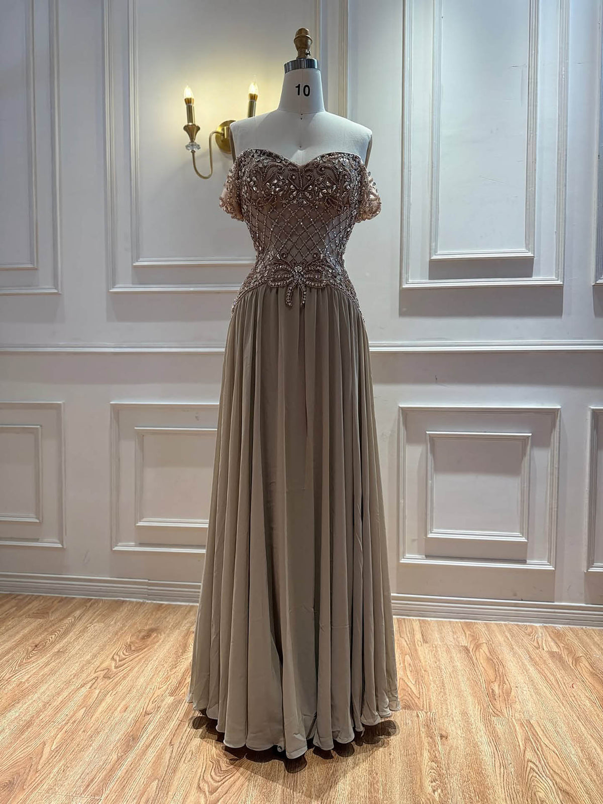 Luxury Pink Beaded Chiffon Off Shoulder A-Line Evening Dress LA73698A