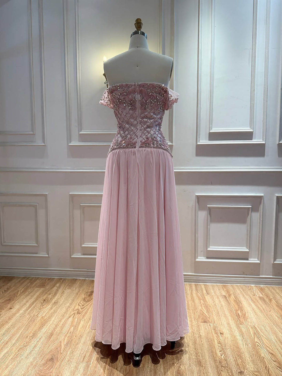 Luxury Pink Beaded Chiffon Off Shoulder A-Line Evening Dress LA73698A
