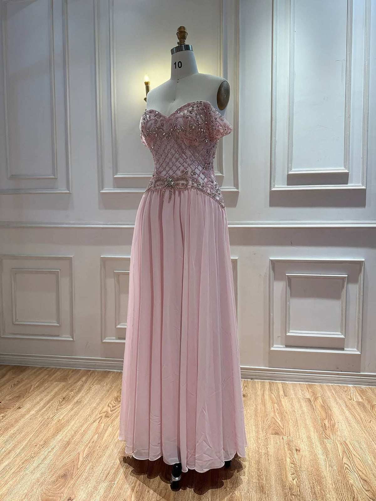 Luxury Pink Beaded Chiffon Off Shoulder A-Line Evening Dress LA73698A
