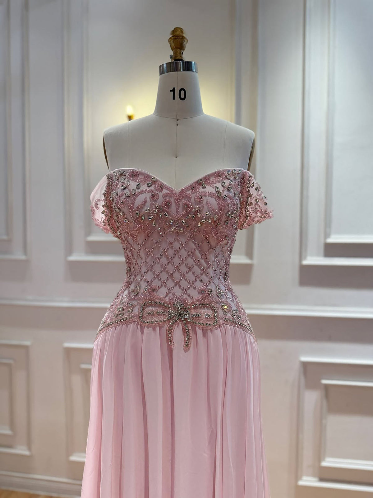 Luxury Pink Beaded Chiffon Off Shoulder A-Line Evening Dress LA73698A