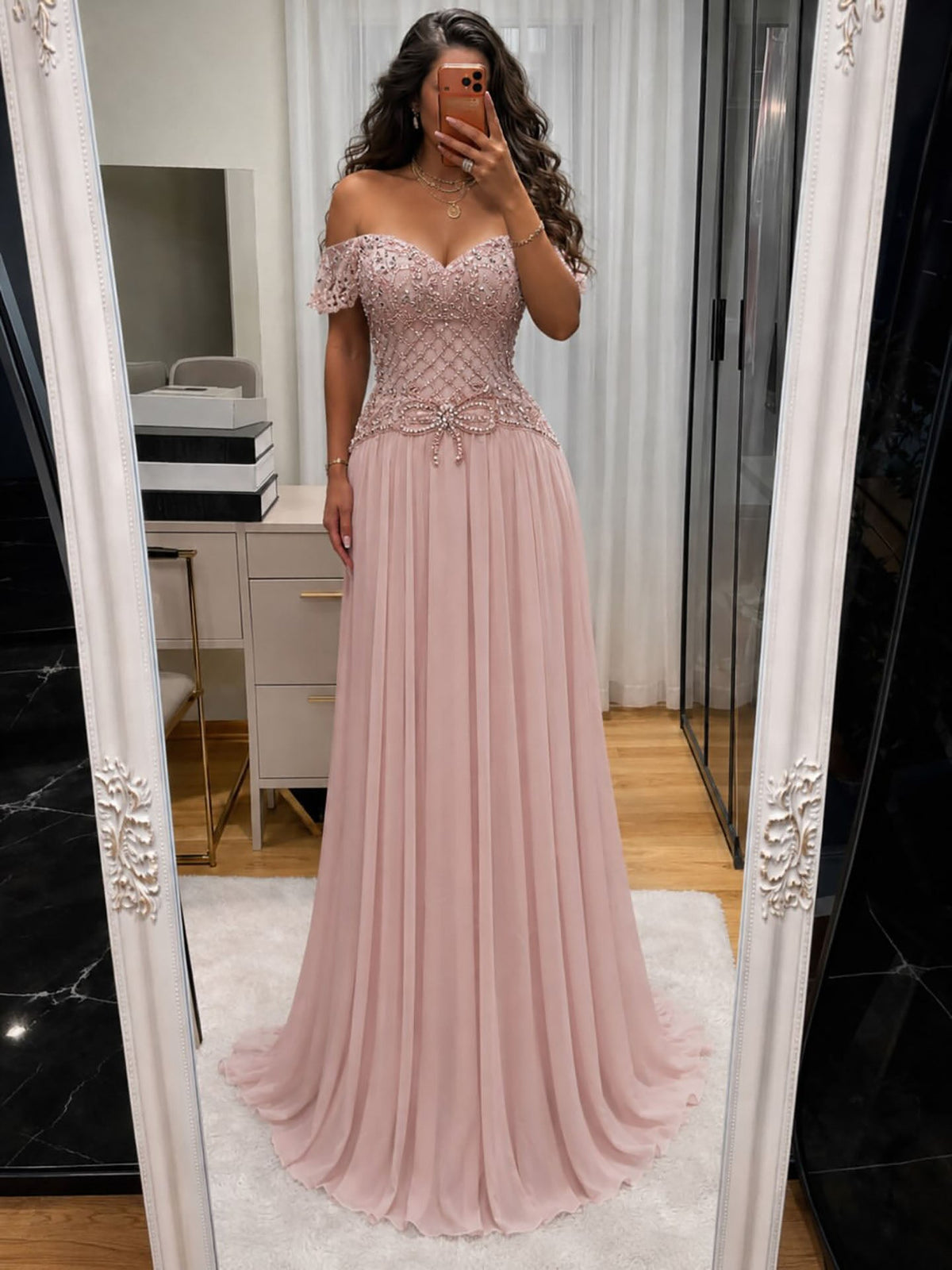 Luxury Pink Beaded Chiffon Off Shoulder A-Line Evening Dress LA73698A