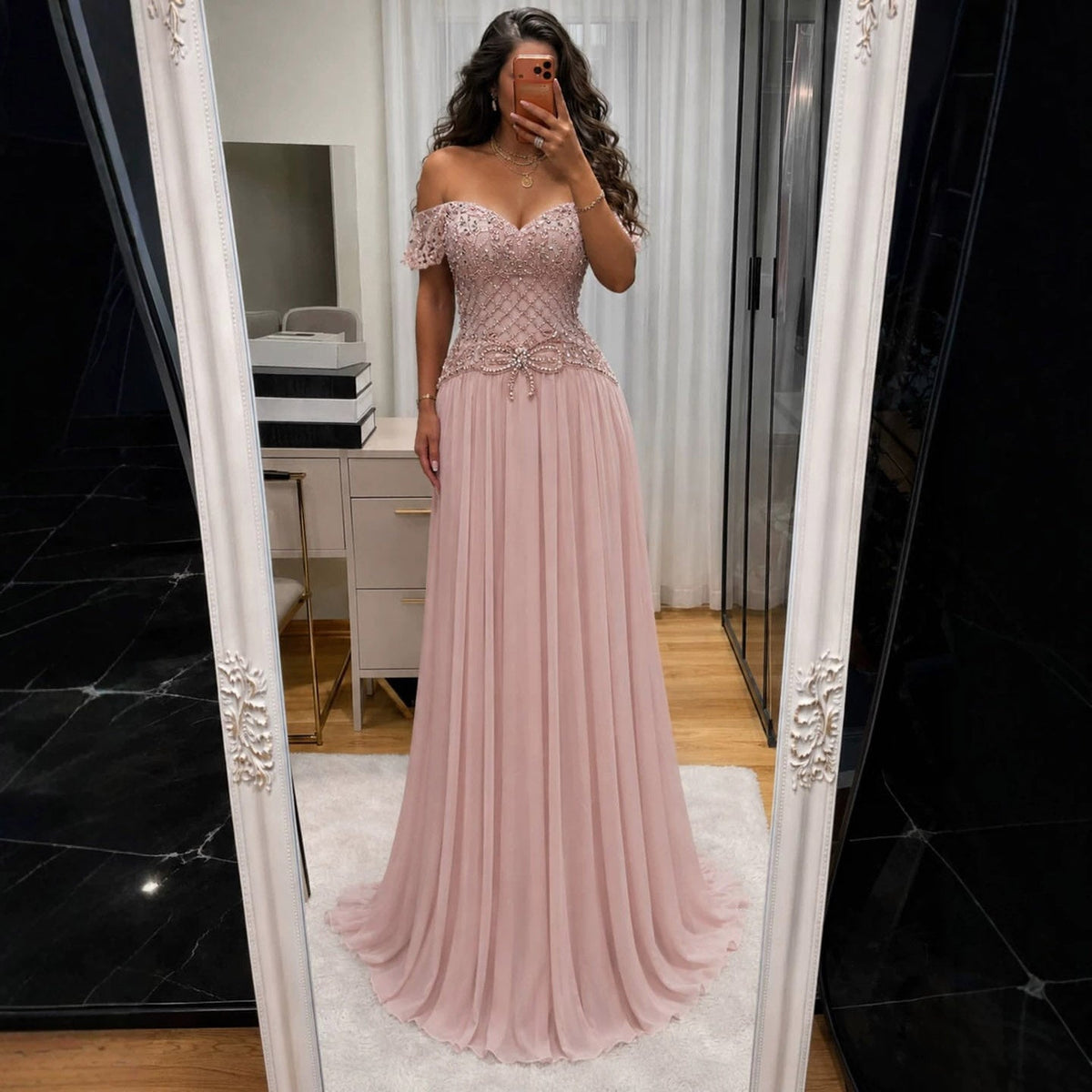 Luxury Pink Beaded Chiffon Off Shoulder A-Line Evening Dress LA73698A