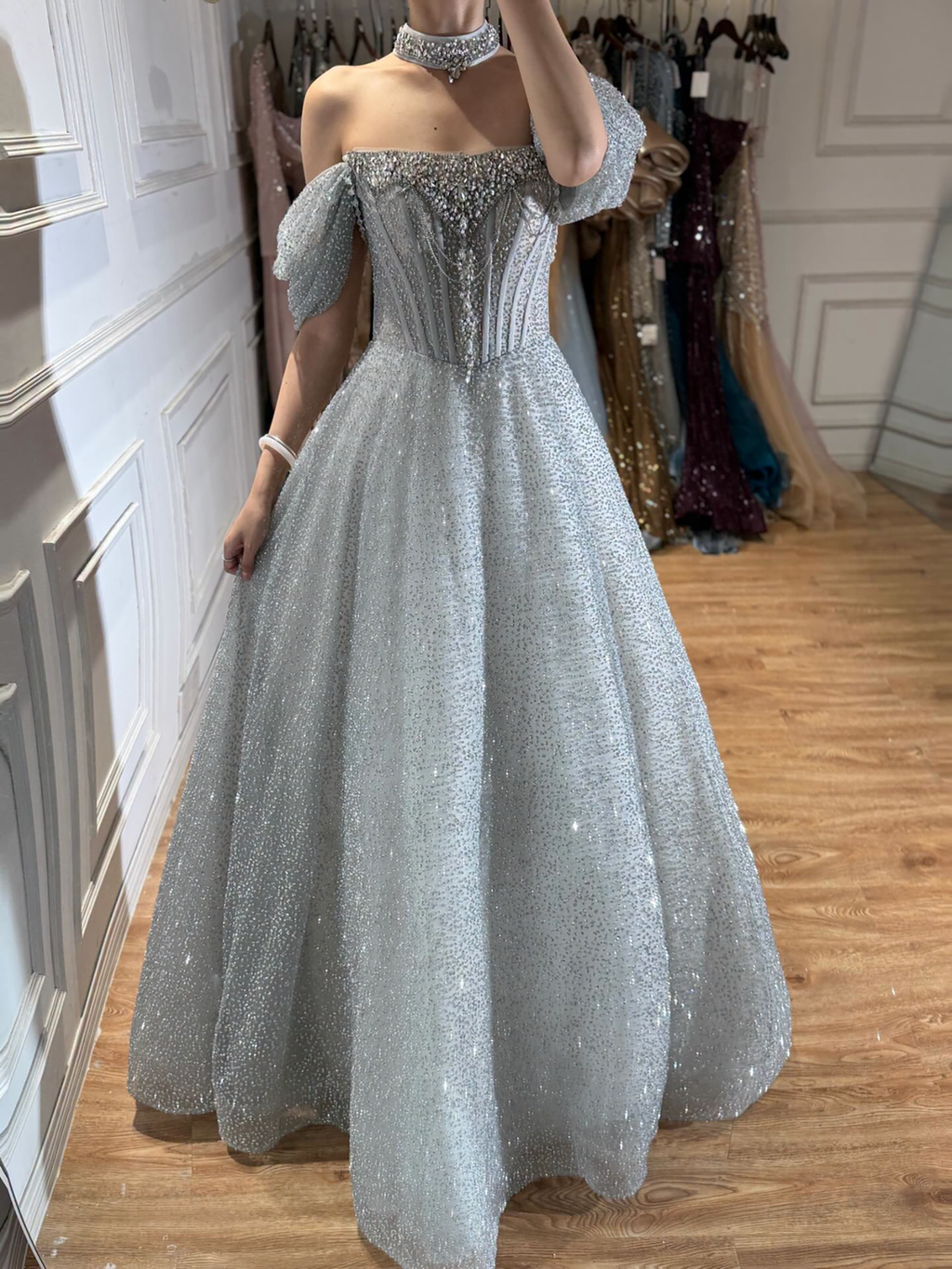 Luxury Silver Gray Strapless Beaded A Line Evening Dress with Choker CLA73700