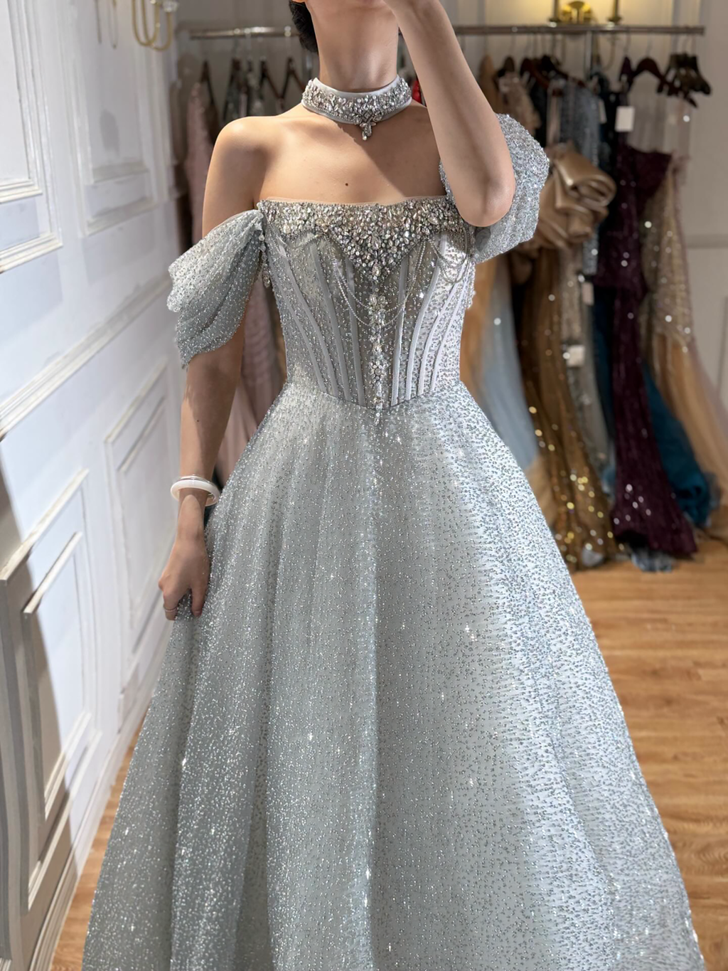 Luxury Silver Gray Strapless Beaded A Line Evening Dress with Choker CLA73700
