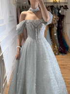 Luxury Silver Gray Strapless Beaded A Line Evening Dress with Choker CLA73700