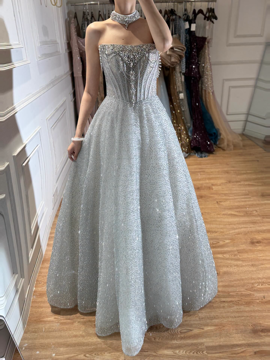Luxury Silver Gray Strapless Beaded A Line Evening Dress with Choker CLA73700